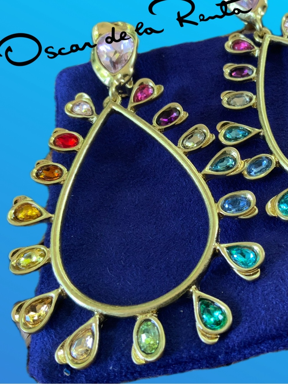 Oscar de la Renta MULTICOLORED GOLD Teardrop Hoop Earrings ⭐️ CLIP ON🩵💚💛🧡❤️🩷 - Picture 8 of 16